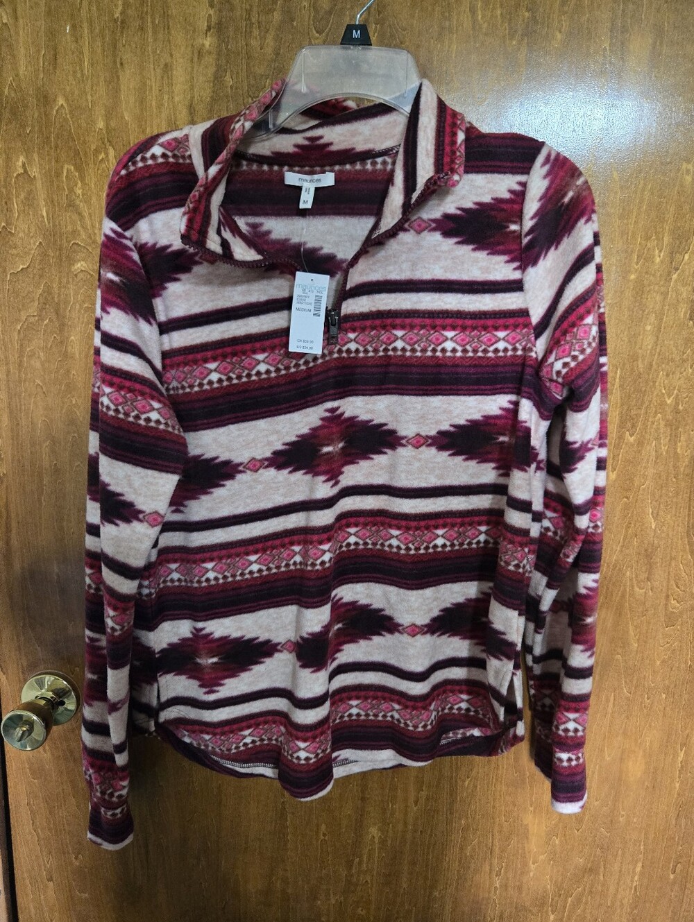 Maurices Burgundy and Cream Aztec Quarter-Zip Sweater